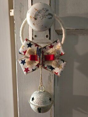 American Flag Door Knob Hanger Patriotic Cottagecore Rhinestone USA Ribbon Bell